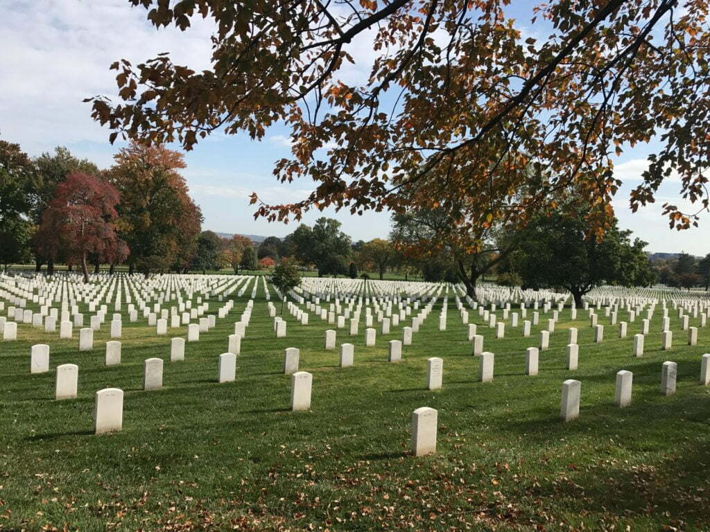 a cemetery with many headstones with Arlington National Cemetery in the background