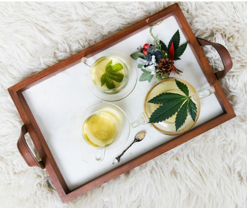 a tray with a plant and a cup of tea on it