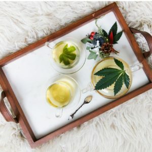 a tray with a plant and a cup of tea on it