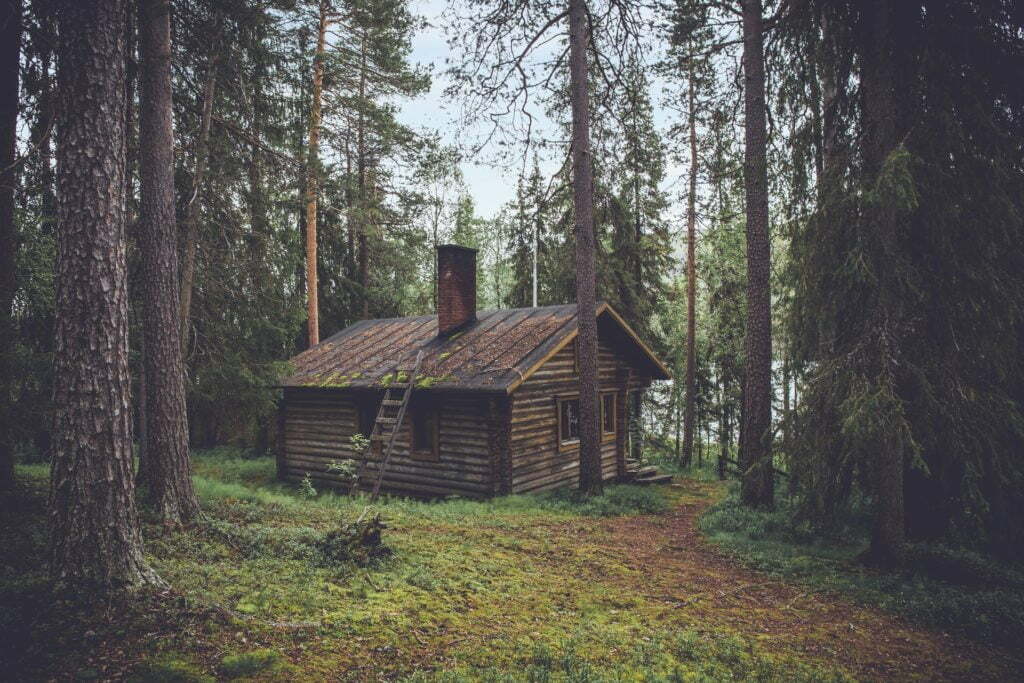 a wooden cabin in the woods
