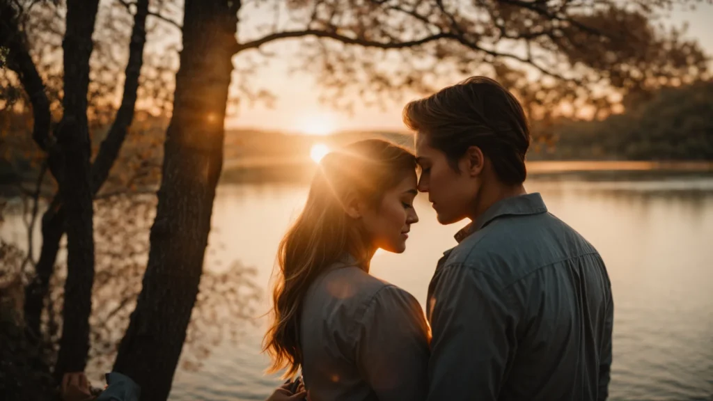 a couple holding each other, sharing a serene moment by a lakeside at sunset.