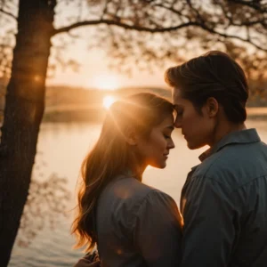 a couple holding each other, sharing a serene moment by a lakeside at sunset.