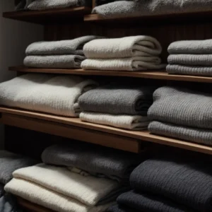 an array of neatly folded, monochrome sweaters and jackets on a minimalist wooden shelf.