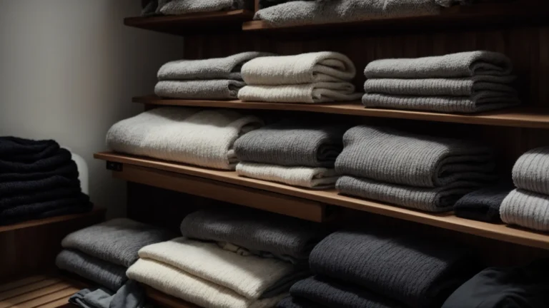 an array of neatly folded, monochrome sweaters and jackets on a minimalist wooden shelf.