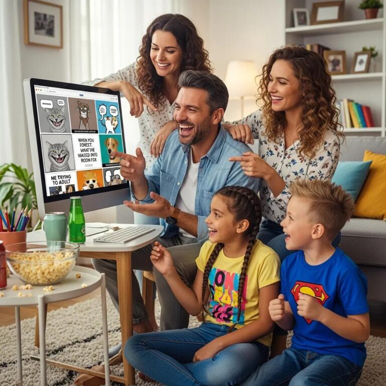 Family creating custom memes together, highlighting humor and creativity