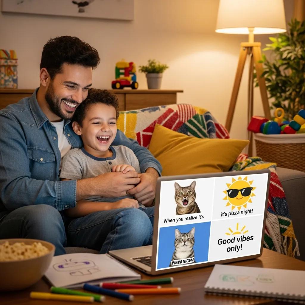 Parent and child creating safe and funny memes together on a laptop