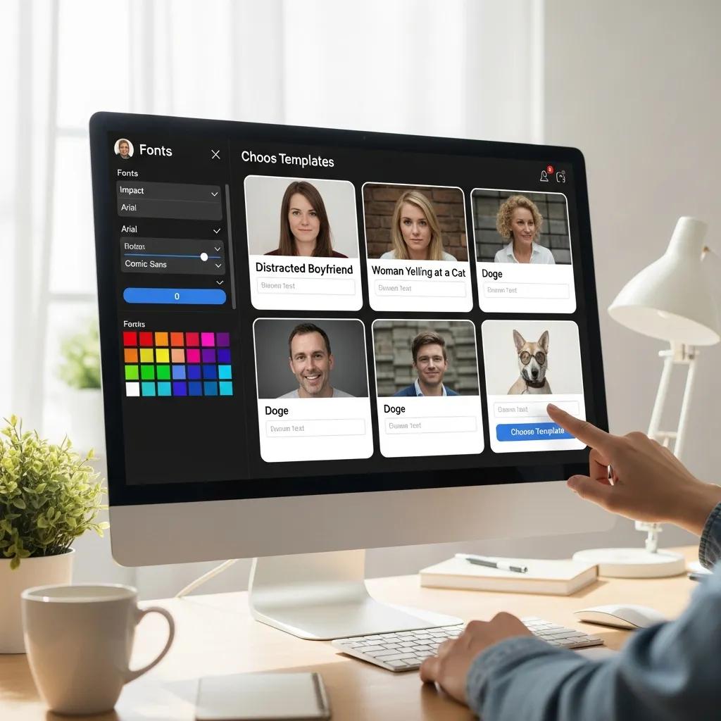 Computer screen showing meme templates and customization options