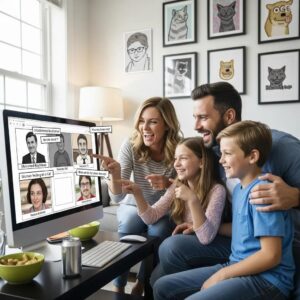 Family creating custom memes together, showcasing creativity and fun