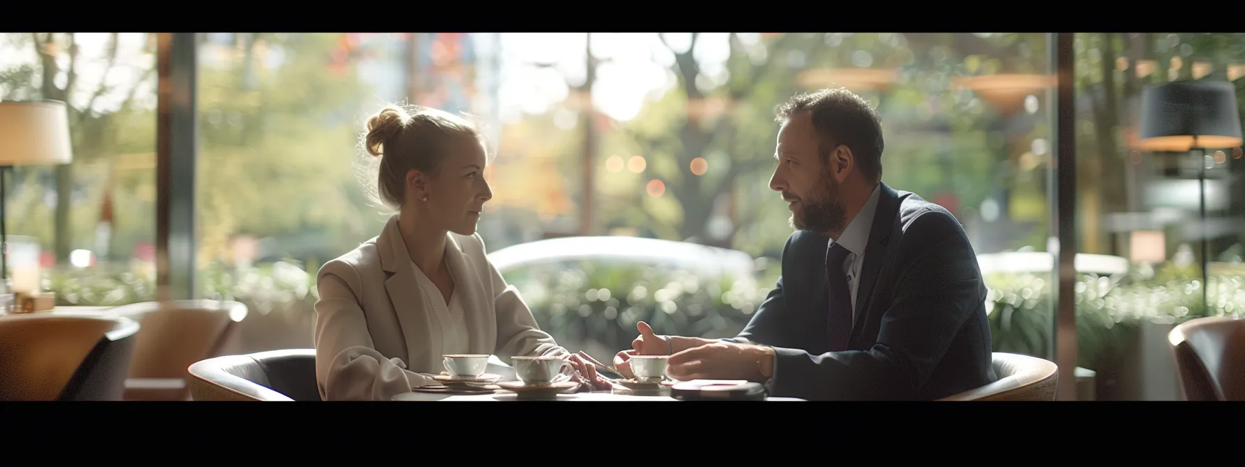 business professionals engage in a focused discussion over an elegant setup for afternoon tea.