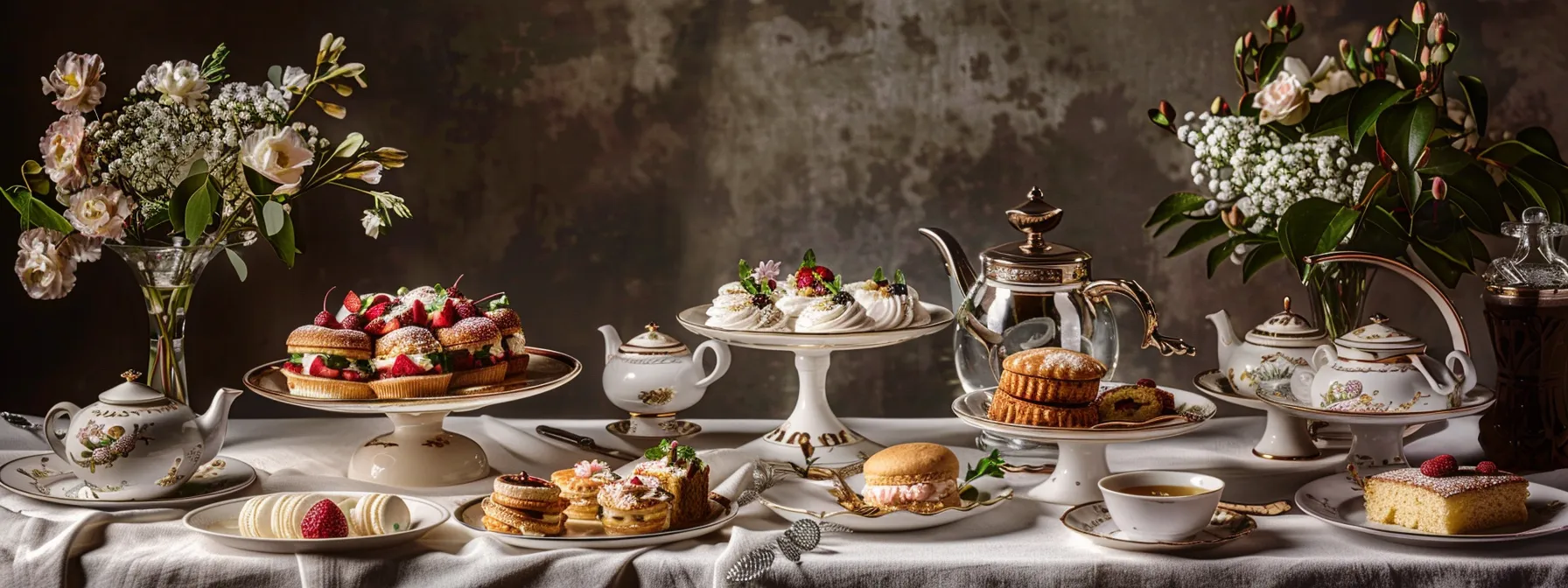 a beautifully arranged table awaits an elegant afternoon tea, showcasing an array of british delicacies and fine teas.